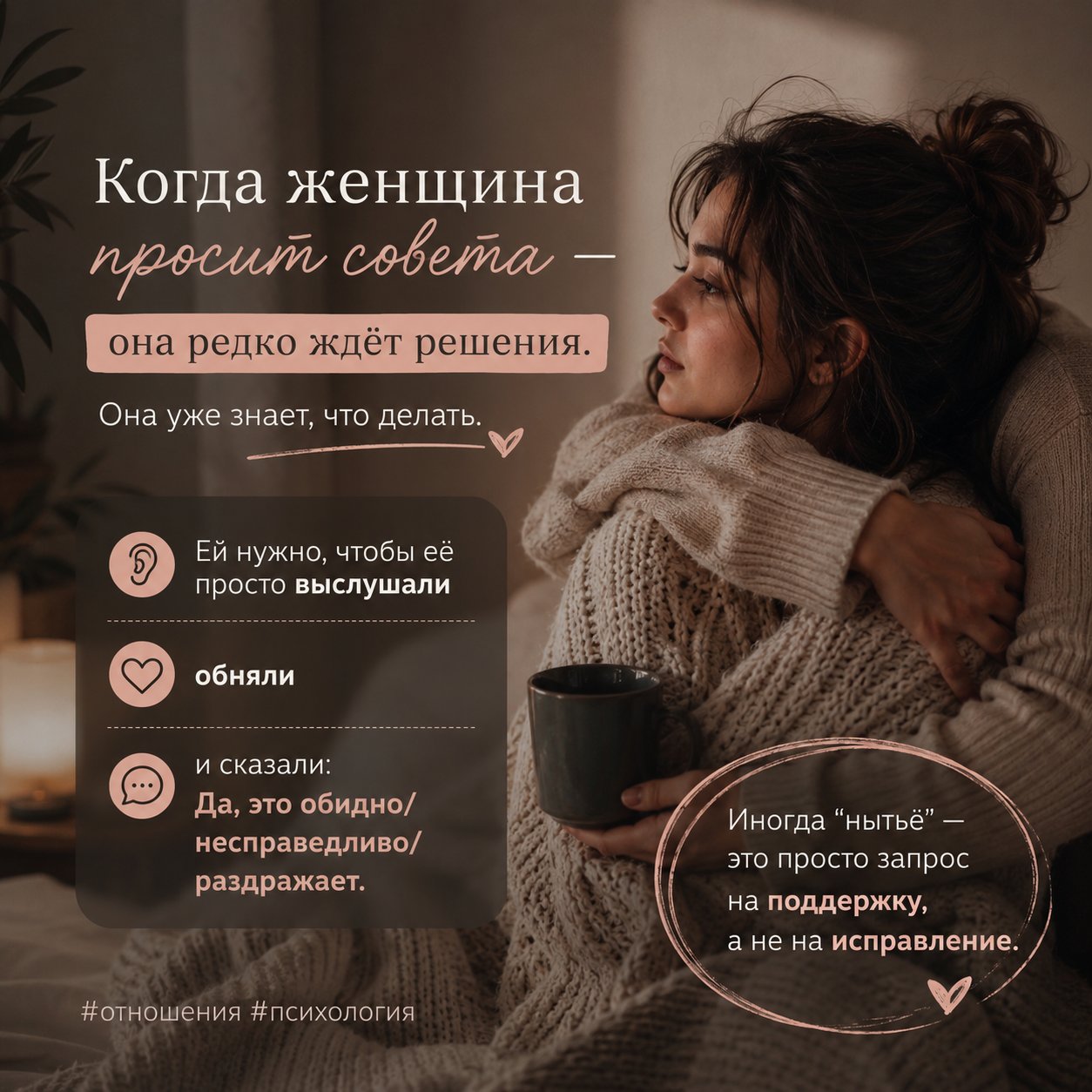 Когда женщина просит совета — она редко ждёт решения.